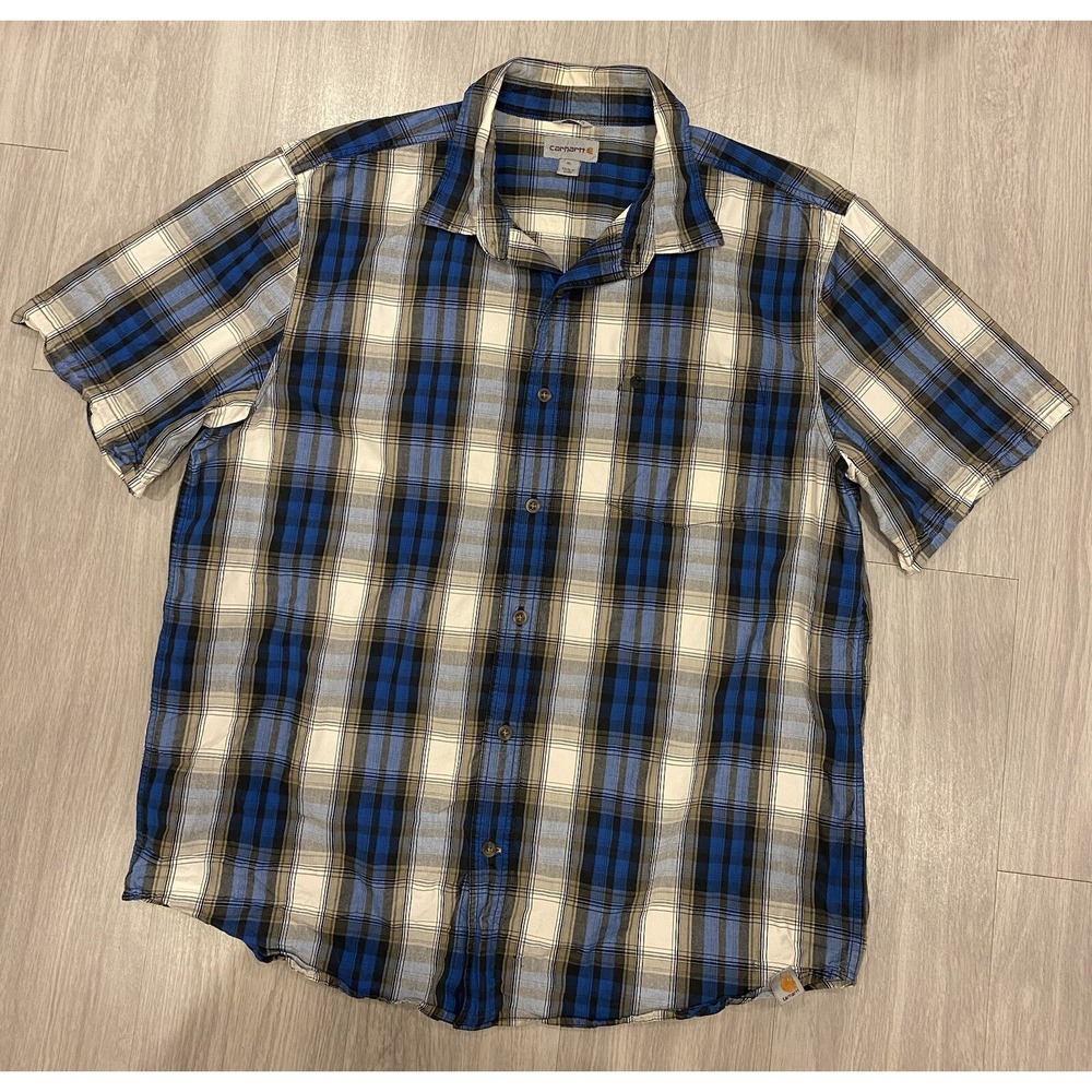 Carhartt Mens Button Down Shirt XL Short Sleeve Plaid Relaxed Fit Blue Everyday